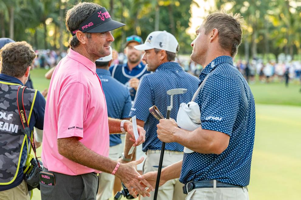 Captain Bryson DeChambeau of Crushers GC shakes hands with Captain Bubba Watson of the RangeGoats GC after the finals of the LIV Golf Team Championship Miami at the Trump National Doral on Sunday, October 22, 2023 in Miami, Florida.