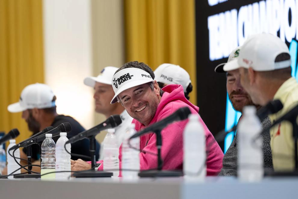 Captain Bubba Watson of the RangeGoats GC talks with golfers during a press conference after during the quarterfinals of the LIV Golf Team Championship Miami at the Trump National Doral on Friday, October 20, 2023 in Miami, Florida.